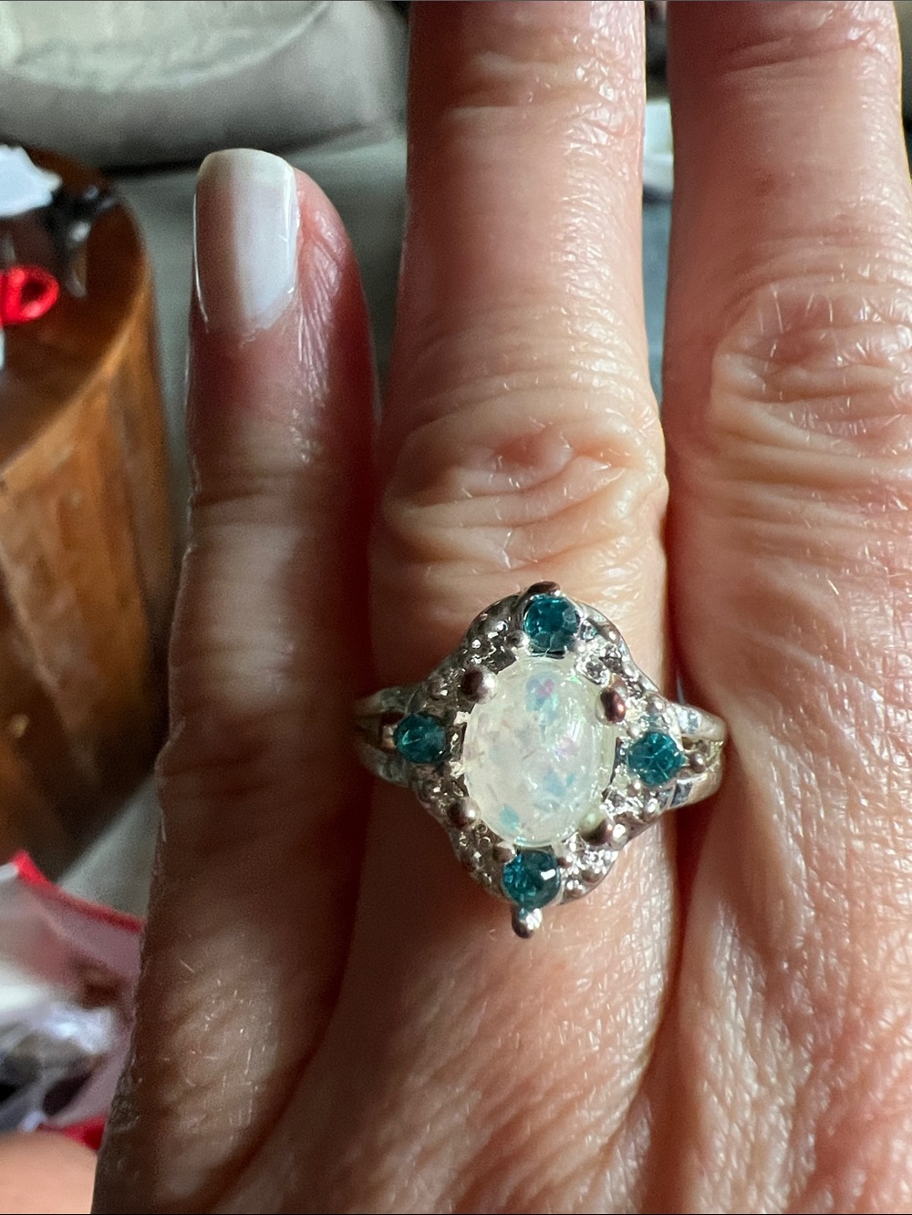 Opal Center Ring with Teal Accent Stones in Silver Tone - Women Jewelry